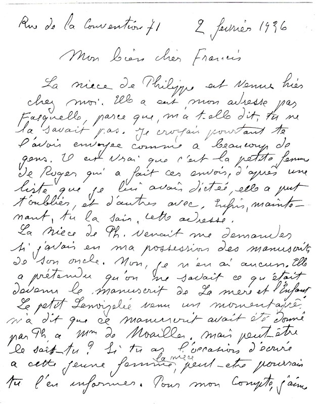 Lettre de Marguerite Audoux à Francis Jourdain