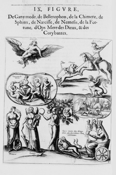 Mythologie, Paris, 1627 - IX. Figure De Ganymède, de Bellérophon, de la Chimère, de Sphinx, de Narcisse, de Némésis, de la Fortune, d'Ops mère des Dieux, des Corybantes, p. 952