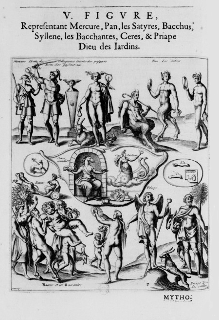 Mythologie, Paris, 1627 - V. Figure, Representant Mercure, Pan, les Satyres, Bacchus, Sylène, les Bacchantes, Cérès, & Priape Dieu des jardins, p. 396