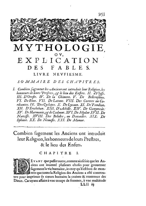 Mythologie, Paris, 1627 - IX, 1 : Combien sagement les Anciens ont introduit leur Religion, les honneurs de leurs Prestres, & le lieu des Enfers, p. 953