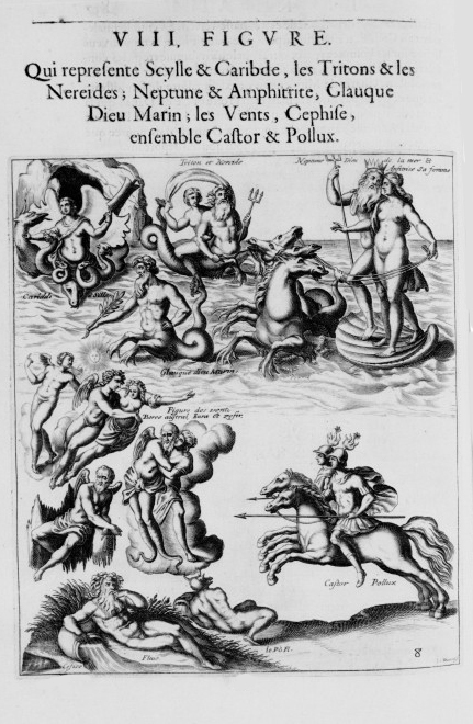 Mythologie, Paris, 1627 - VIII. Figure Qui represente Scylla & Carybde, les Tritons & les Néréides; Neptune & Amphitrite, Glaucus, Dieu marin; les Vents, Céphise, ensemble Castor & Pollux, p. 838
