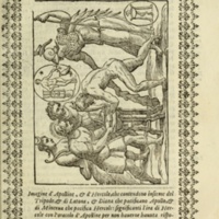 Nove Imagini, Padoue, 1615 - 095 : Lutte entre Hercule et Apollon, assistés de Minerve, Latone et Diane, pour s'emparer du trépied de la Pythie
