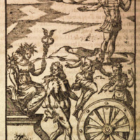 Mythologie, Lyon, 1612 - Macaria, déesse du bonheur (mort heureuse) ; l'Envie ; la Faveur ; l'Adulation ; le Bon événement