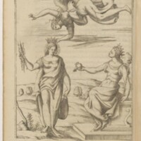Imagini, Venise, 1571 -26 : Iris couronne Junon d'après Marcianus Capella ; Junon à la grenade avec une couronne ornée des Heures et des Grâces