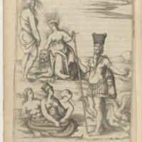 Imagini, Venise, 1571 - 10 : Apollon assyrien d'après Macrobe avec Diane d'Ephèse (la Nature), Cybèle et une figure chauve (la matière) ; Adad et Adargate