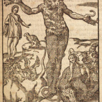 Mythologie, Lyon, 1612 - Horus se bat contre Typhon métamorphosé en crocodile ; Typhon ; Typhon métamorphosé en Hippopotame